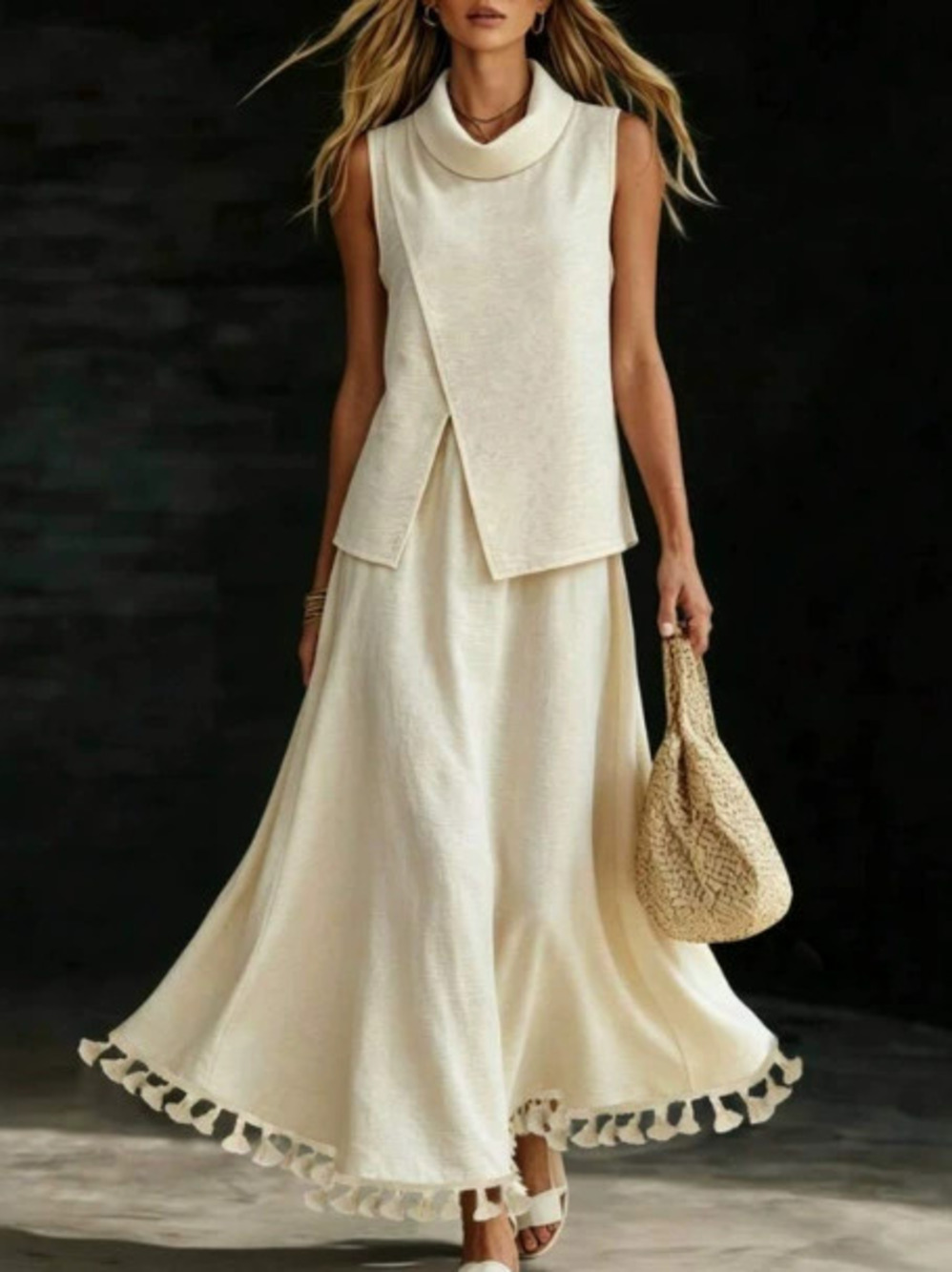 ZARA Women Summer Minimalist Linen White Vest and Skirt Set Classy Two Piece
